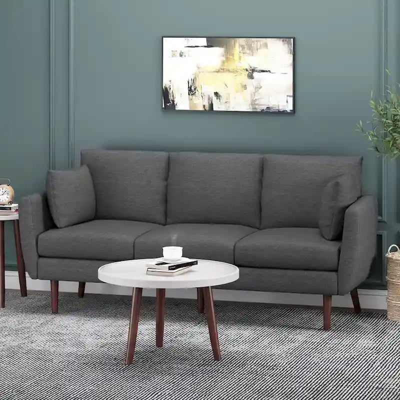 3-Sitzer-Sofa mit Kissenrücken und Birkenholzbeinen, anthrazitfarbener Stoff
