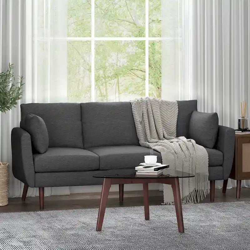 3-Sitzer-Sofa mit Kissenrücken und Birkenholzbeinen, anthrazitfarbener Stoff