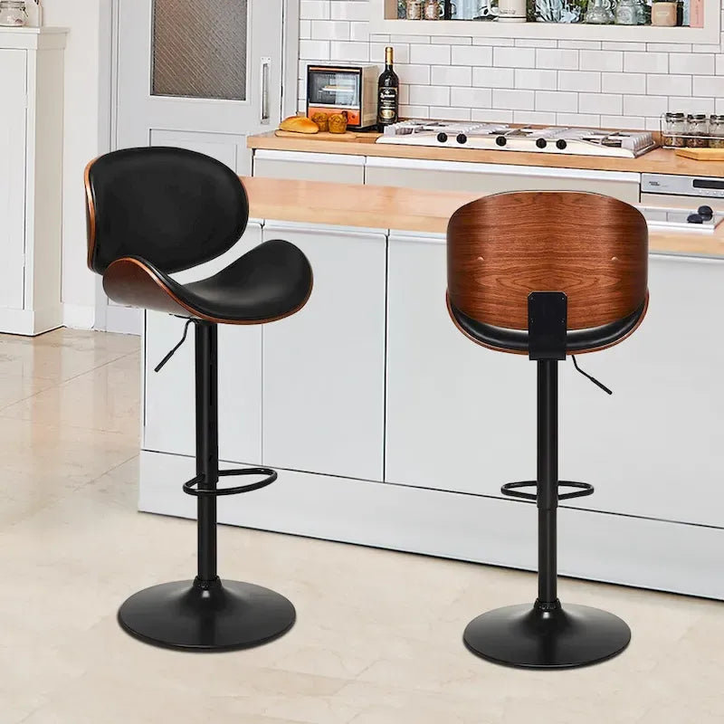 Juego de 2 taburetes de bar de madera curvada, estilo de mediados de siglo, giratorios y ajustables, de PU