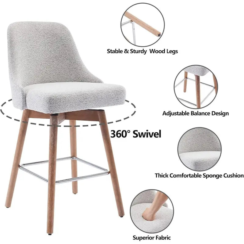 Lot de 2 tabourets de bar pivotants, hauteur comptoir, avec dossiers et pieds en bois, chaises rembourrées pour îlot de cuisine
