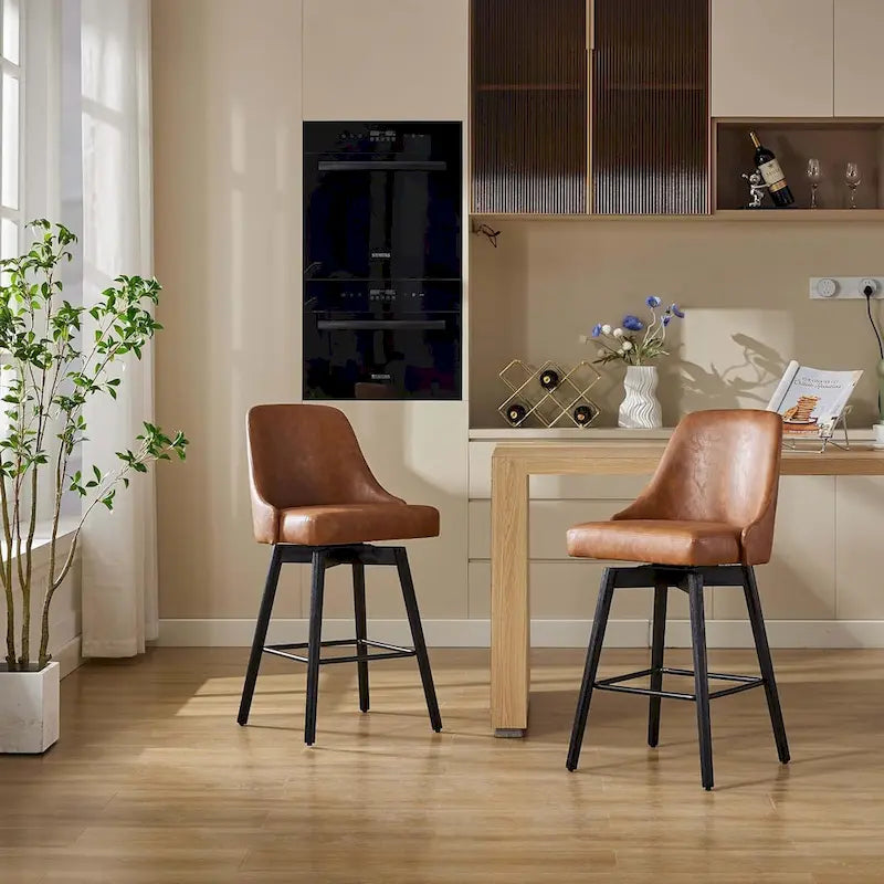 Lot de 2 tabourets de bar pivotants, hauteur comptoir, avec dossiers et pieds en bois, chaises rembourrées pour îlot de cuisine