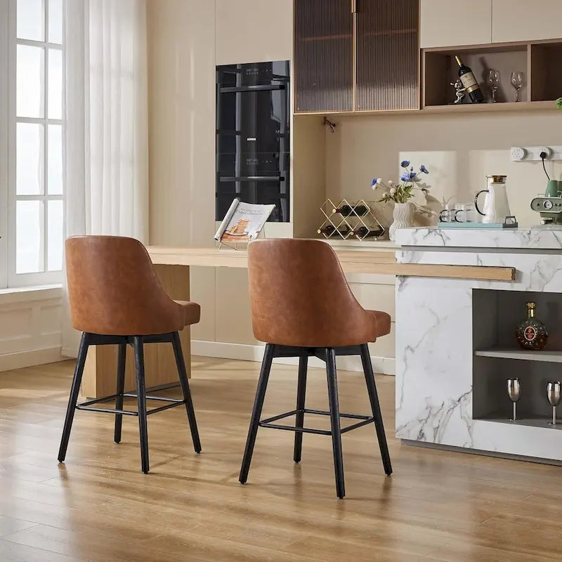 Lot de 2 tabourets de bar pivotants, hauteur comptoir, avec dossiers et pieds en bois, chaises rembourrées pour îlot de cuisine