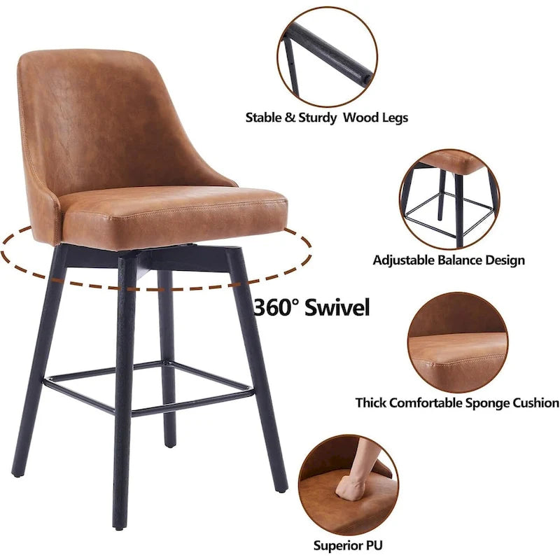 Lot de 2 tabourets de bar pivotants, hauteur comptoir, avec dossiers et pieds en bois, chaises rembourrées pour îlot de cuisine