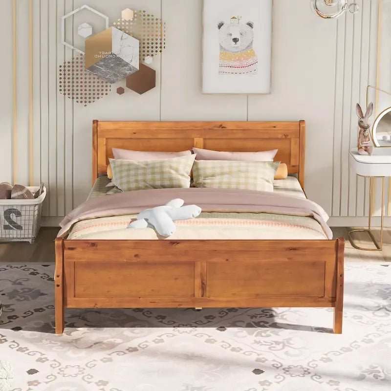 Cama de plataforma de madera tamaño Queen con cabecero y soporte de láminas de madera, color roble