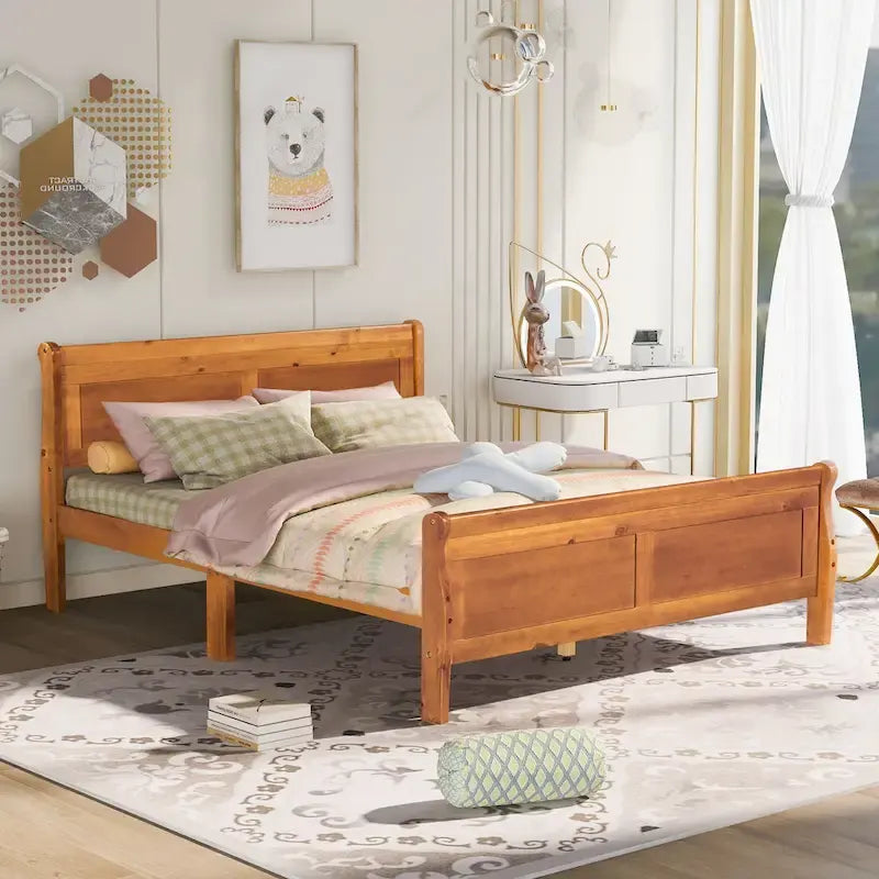 Lit plateforme en bois format queen avec tête de lit et support à lattes en bois, chêne