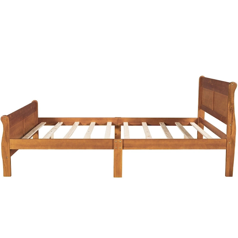 Cama de plataforma de madera tamaño Queen con cabecero y soporte de láminas de madera, color roble