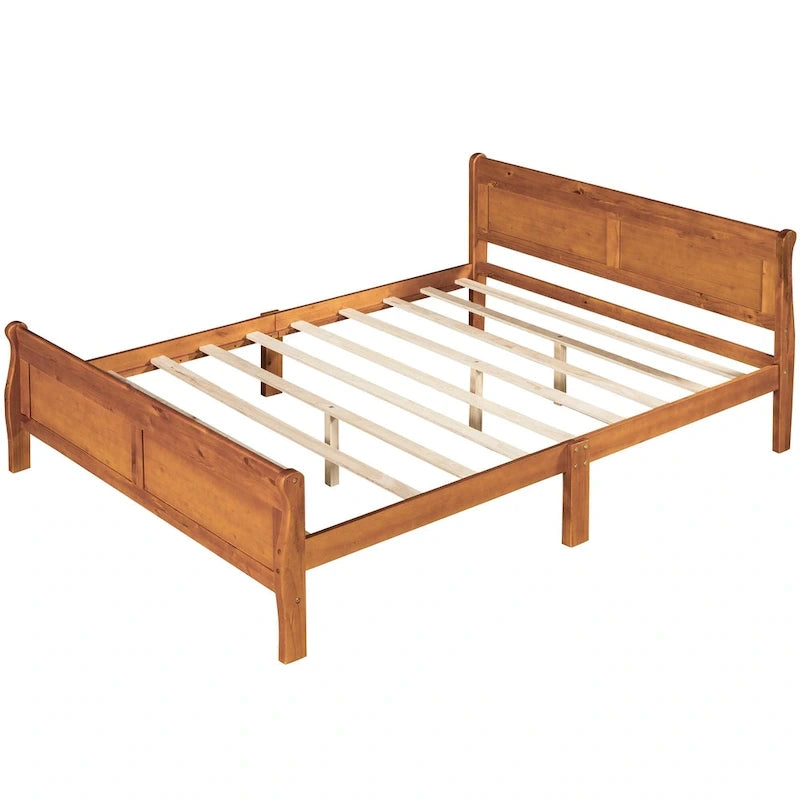 Lit plateforme en bois format queen avec tête de lit et support à lattes en bois, chêne