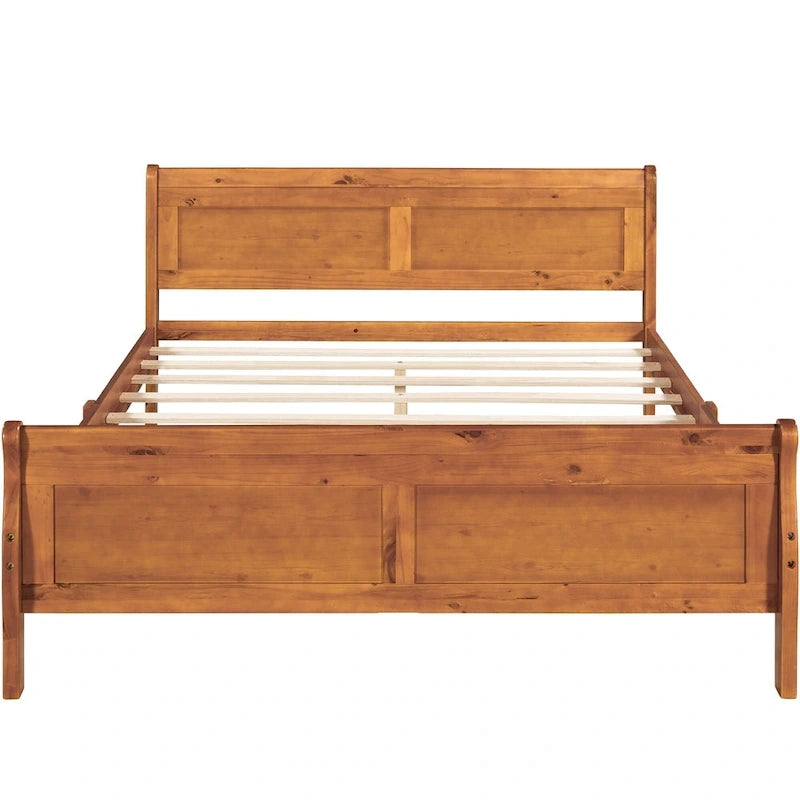 Lit plateforme en bois format queen avec tête de lit et support à lattes en bois, chêne