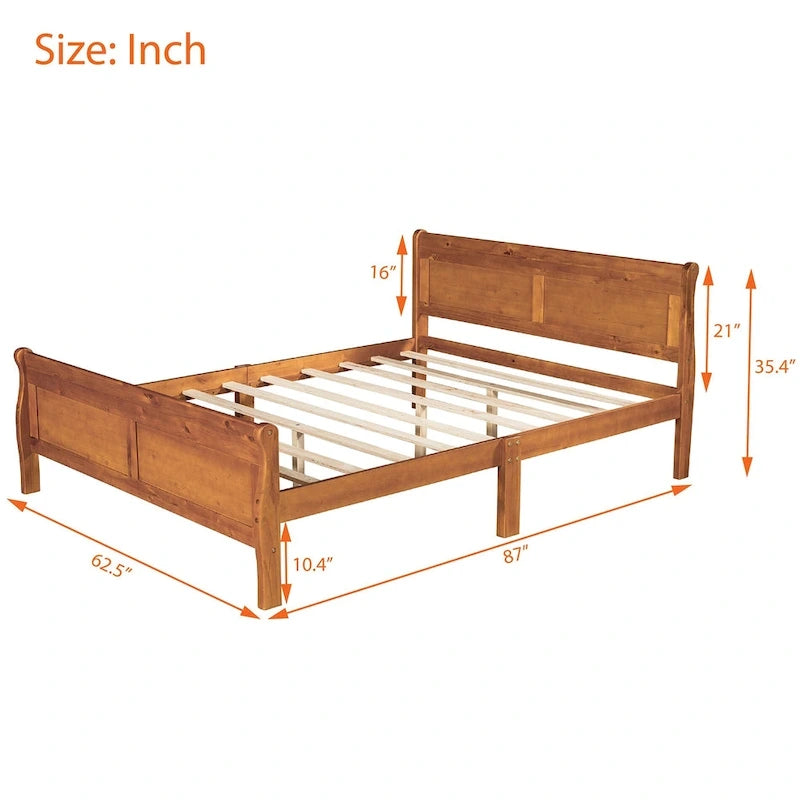 Lit plateforme en bois format queen avec tête de lit et support à lattes en bois, chêne