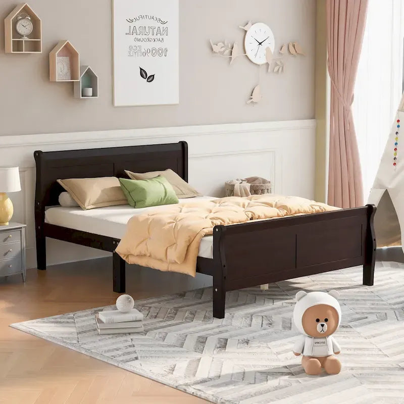 Lit plateforme en bois format queen avec tête de lit et support à lattes en bois, chêne
