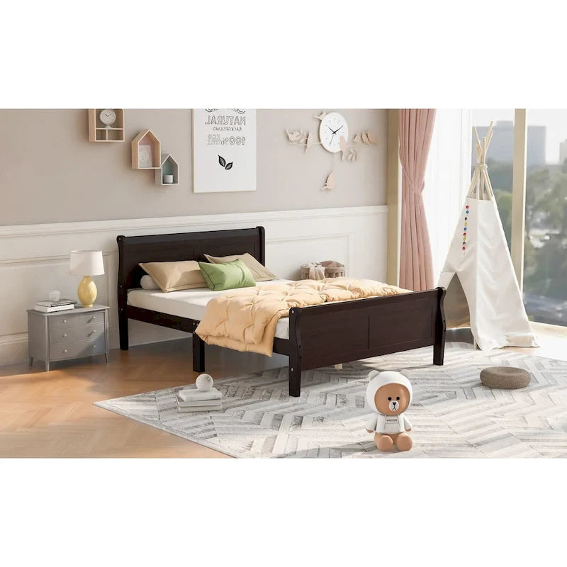 Lit plateforme en bois format queen avec tête de lit et support à lattes en bois, chêne