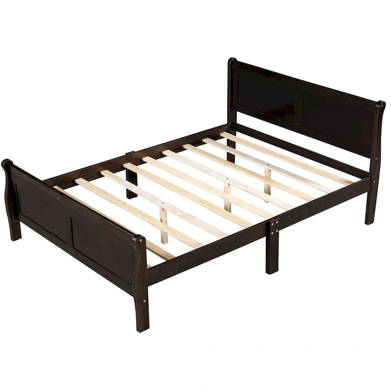 Lit plateforme en bois format queen avec tête de lit et support à lattes en bois, chêne