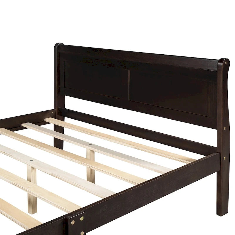 Lit plateforme en bois format queen avec tête de lit et support à lattes en bois, chêne