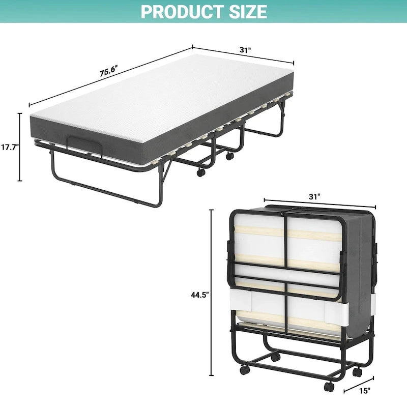 Cama plegable con colchón de espuma viscoelástica de 5 pulgadas, cama individual pequeña extra para invitados con ruedas