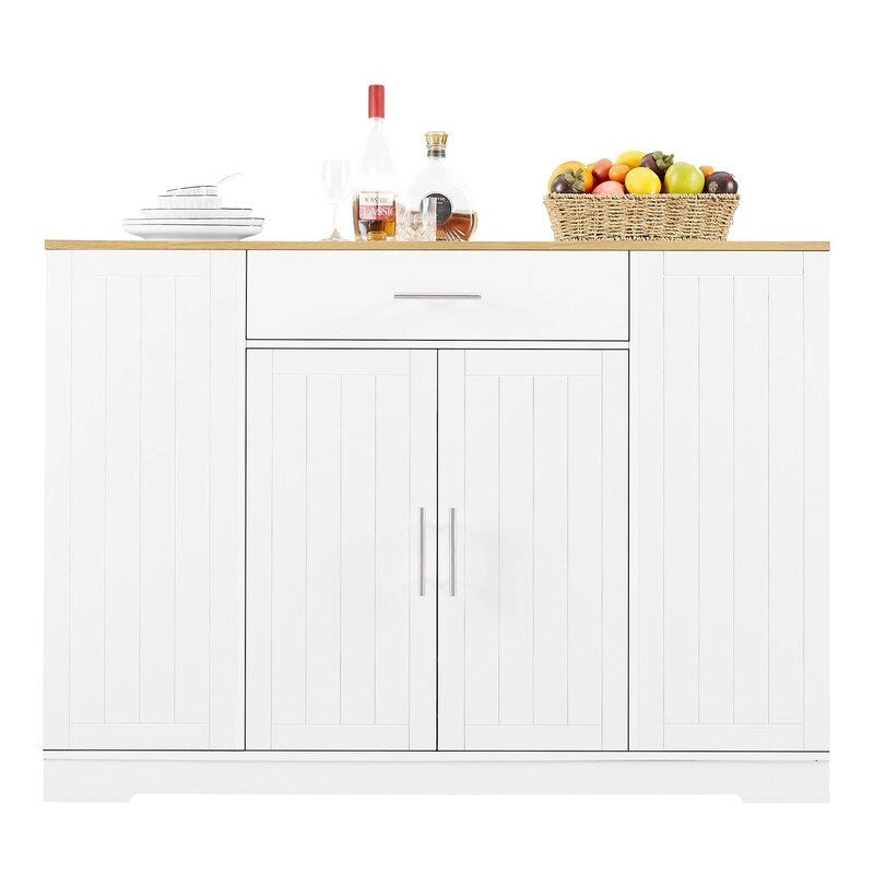 Isla de almacenamiento de cocina de 53 pulgadas con cajones y cubo de basura integrado, diseño moderno de granja para cocina y comedor.