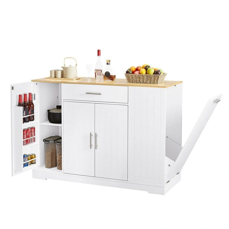 Isla de almacenamiento de cocina de 53 pulgadas con cajones y cubo de basura integrado, diseño moderno de granja para cocina y comedor.