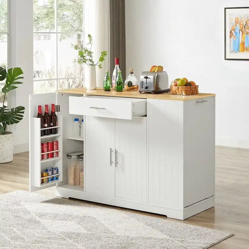 Isla de almacenamiento de cocina de 53 pulgadas con cajones y cubo de basura integrado, diseño moderno de granja para cocina y comedor.