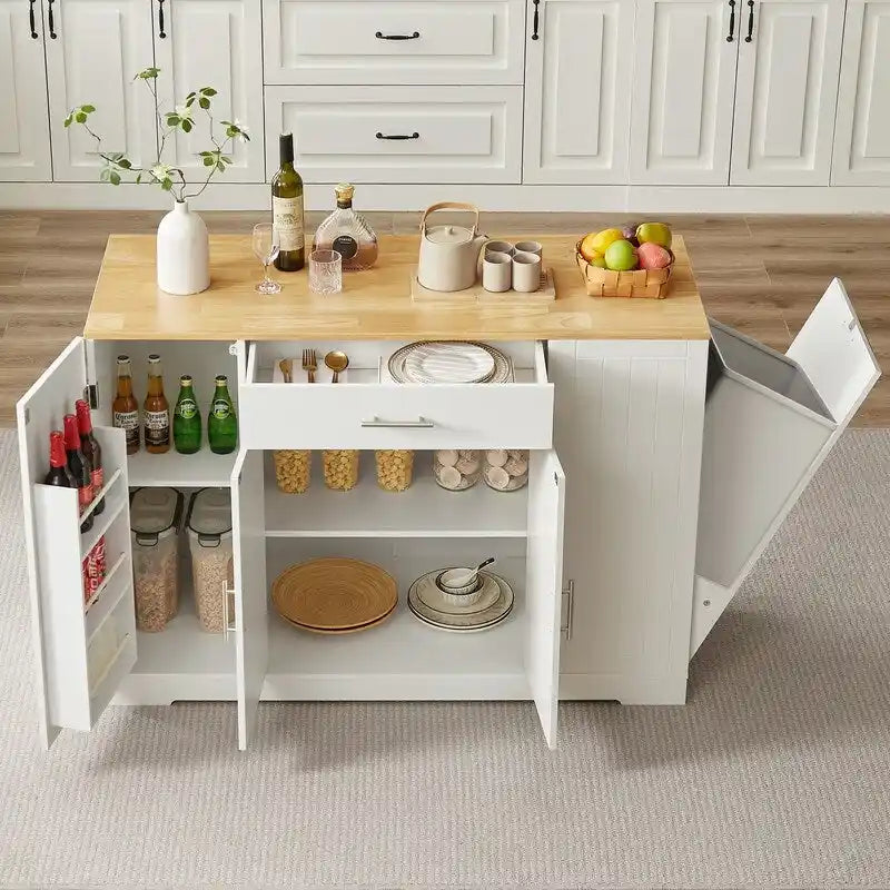 Isla de almacenamiento de cocina de 53 pulgadas con cajones y cubo de basura integrado, diseño moderno de granja para cocina y comedor.