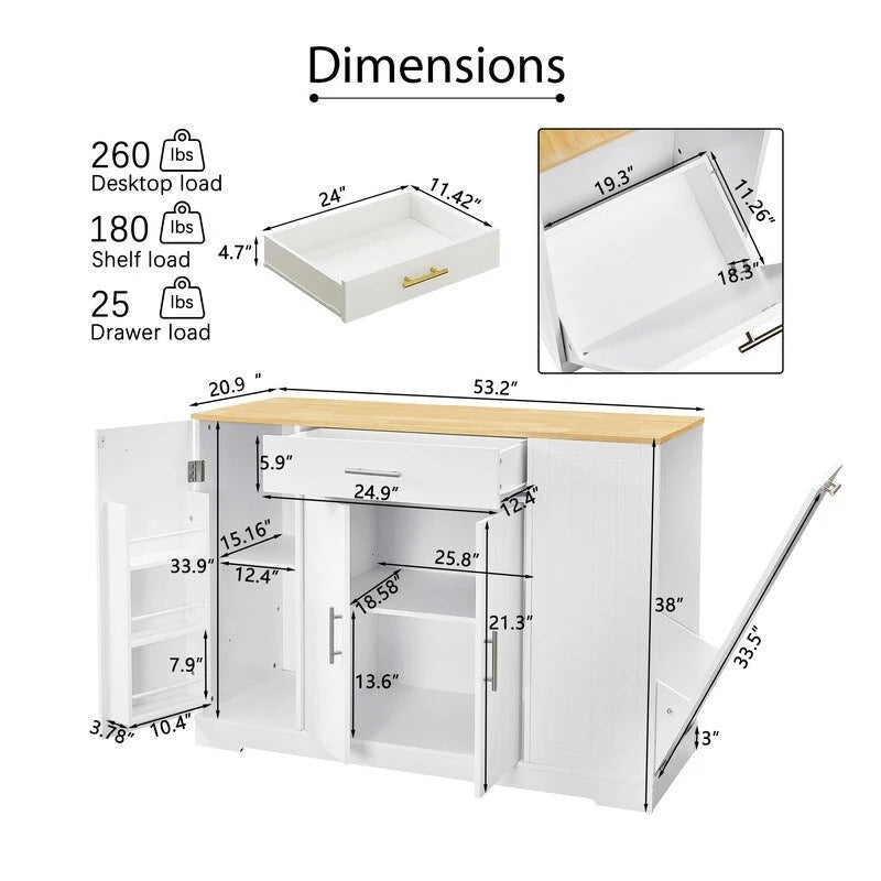 Kücheninsel mit Stauraum, Schubladen und integriertem Abfalleimer, 53 Zoll - modernes Landhausdesign für Küche und Esszimmer.