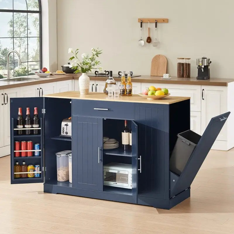Kücheninsel mit Stauraum, Schubladen und integriertem Abfalleimer, 53 Zoll - modernes Landhausdesign für Küche und Esszimmer.
