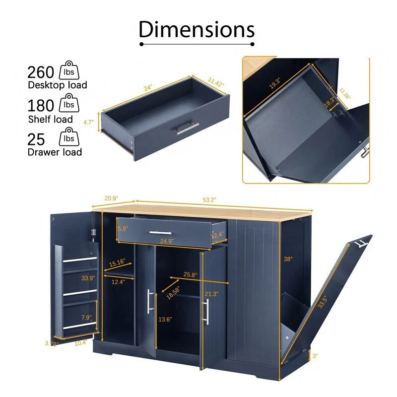 Kücheninsel mit Stauraum, Schubladen und integriertem Abfalleimer, 53 Zoll - modernes Landhausdesign für Küche und Esszimmer.