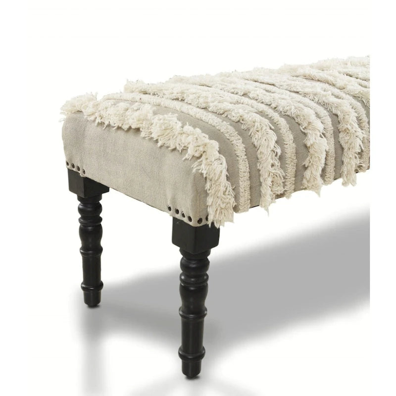 Banco de dormitorio de madera y algodón crema tapizado, con patrón a rayas y ribete de tachuelas - 16 D X 47 W x 18 H