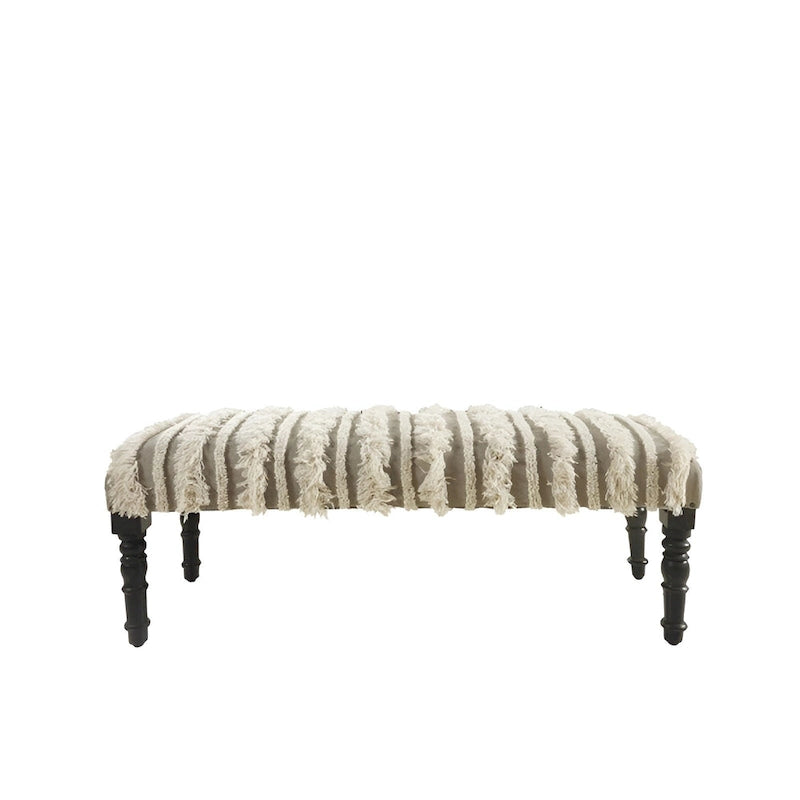 Banco de dormitorio de madera y algodón crema tapizado, con patrón a rayas y ribete de tachuelas - 16 D X 47 W x 18 H