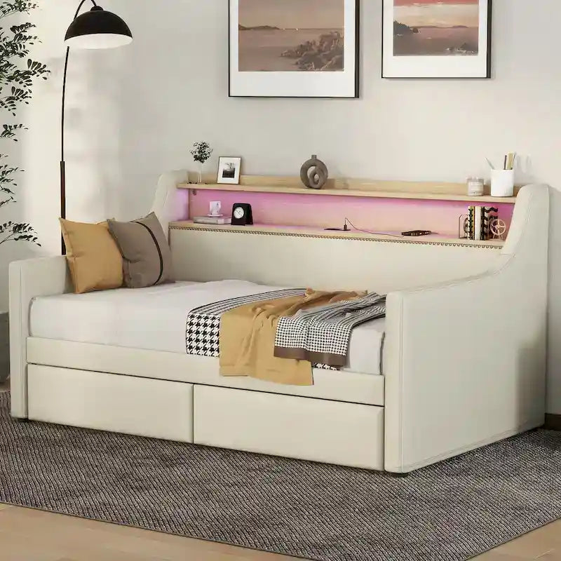Diván tapizado tamaño Twin con almacenamiento e iluminación LED