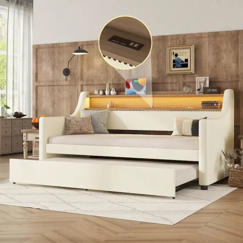 Diván tapizado tamaño Twin con cama nido e iluminación LED