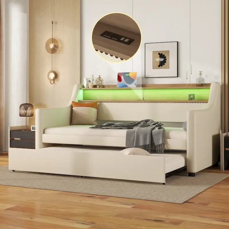 Diván tapizado tamaño Twin con cama nido e iluminación LED