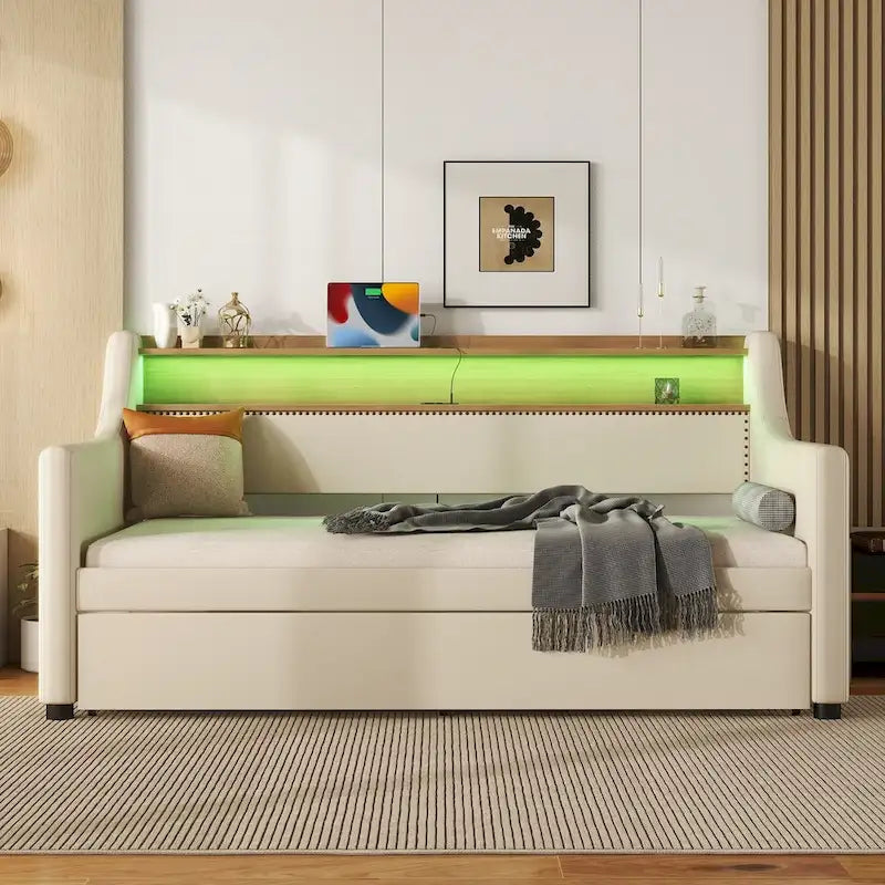 Diván tapizado tamaño Twin con cama nido e iluminación LED