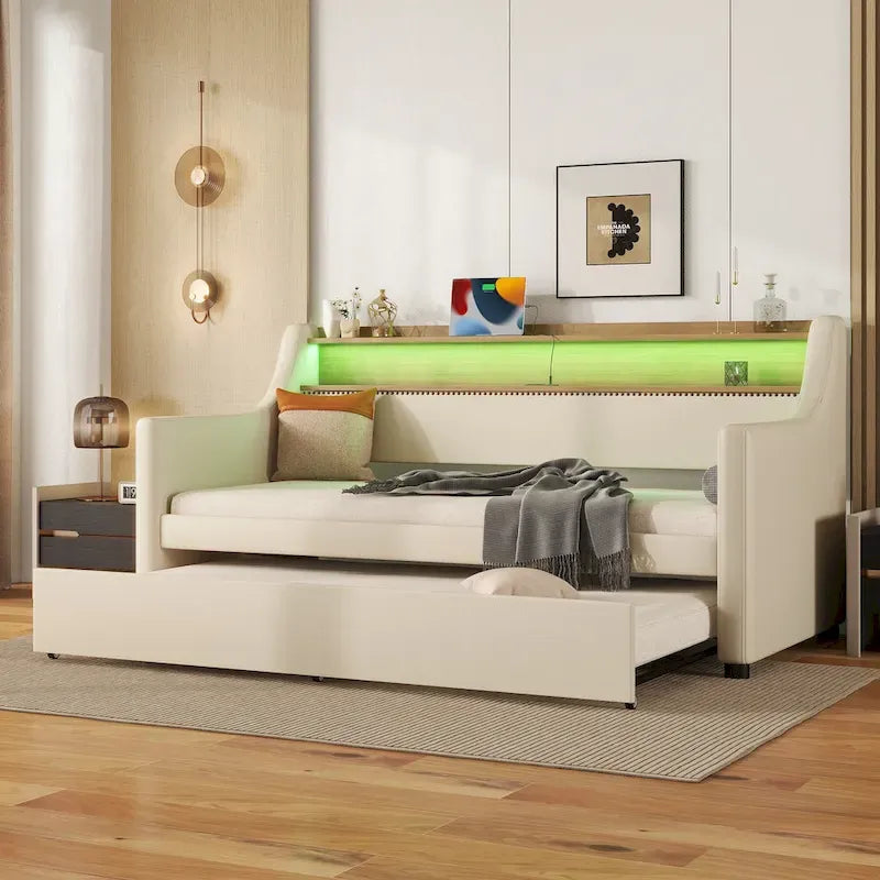 Diván tapizado tamaño Twin con cama nido e iluminación LED