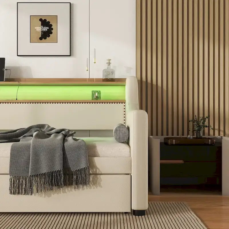 Diván tapizado tamaño Twin con cama nido e iluminación LED