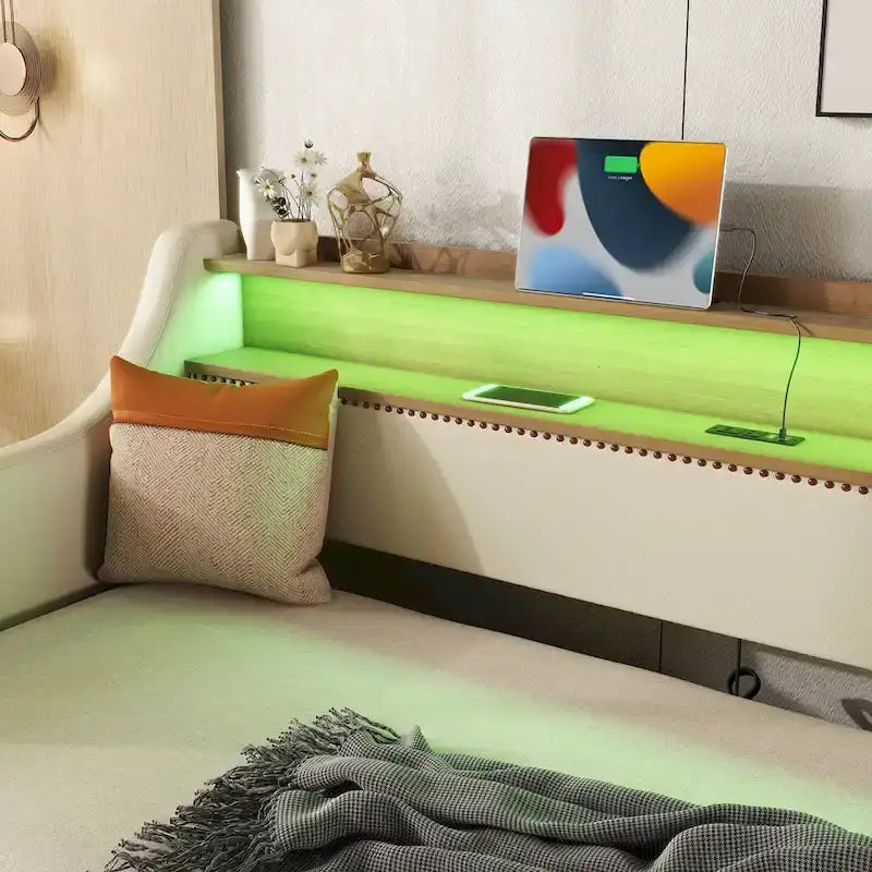Diván tapizado tamaño Twin con cama nido e iluminación LED