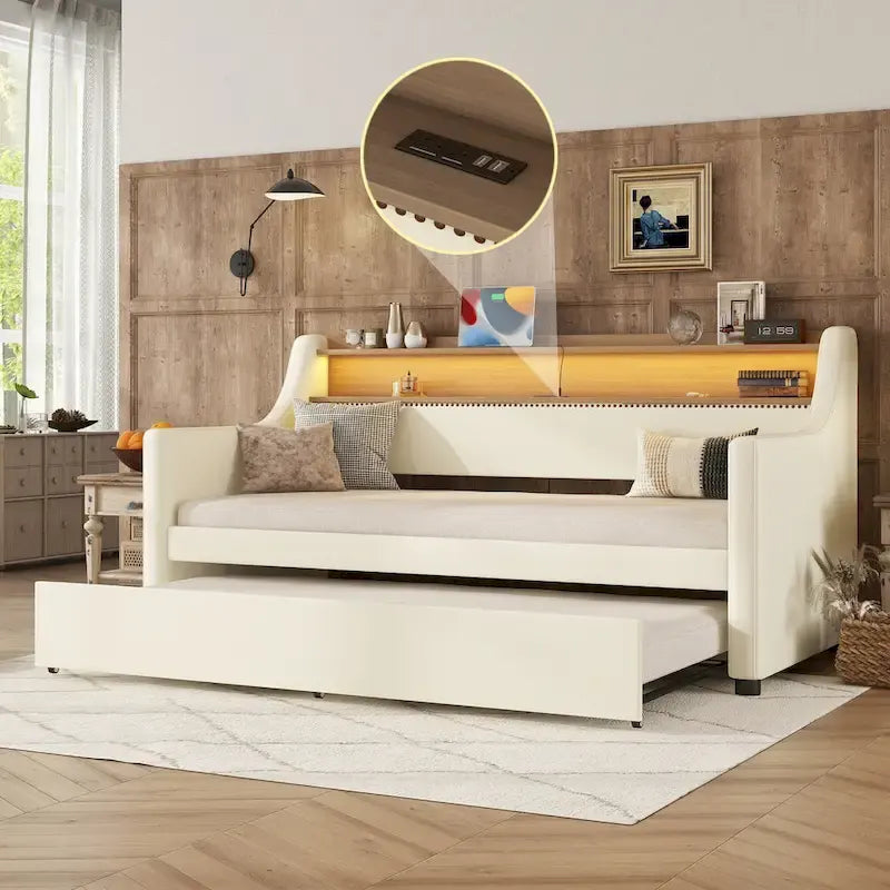 Diván tapizado tamaño Twin con cama nido e iluminación LED