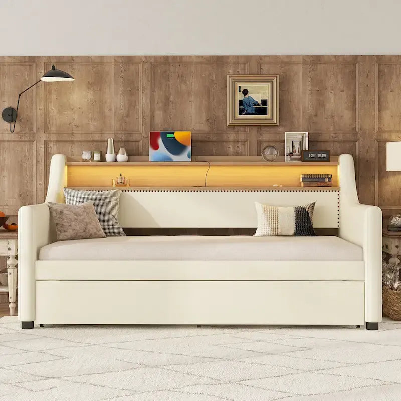 Diván tapizado tamaño Twin con cama nido e iluminación LED