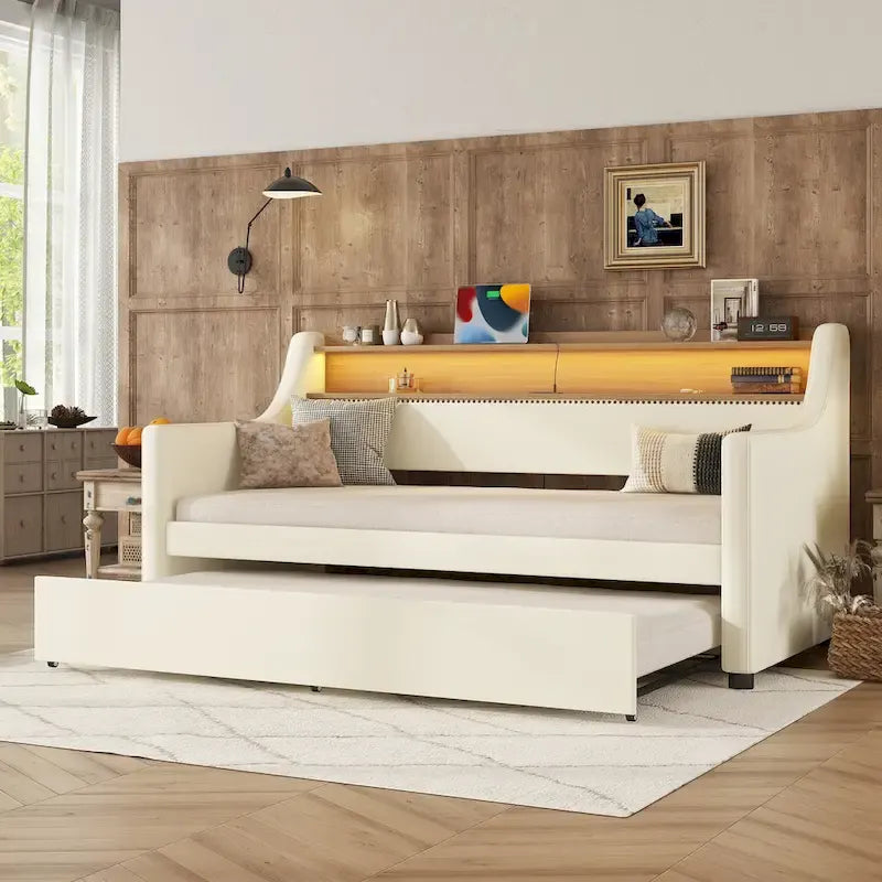 Diván tapizado tamaño Twin con cama nido e iluminación LED