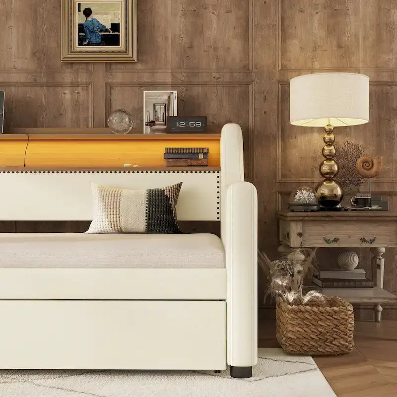 Diván tapizado tamaño Twin con cama nido e iluminación LED