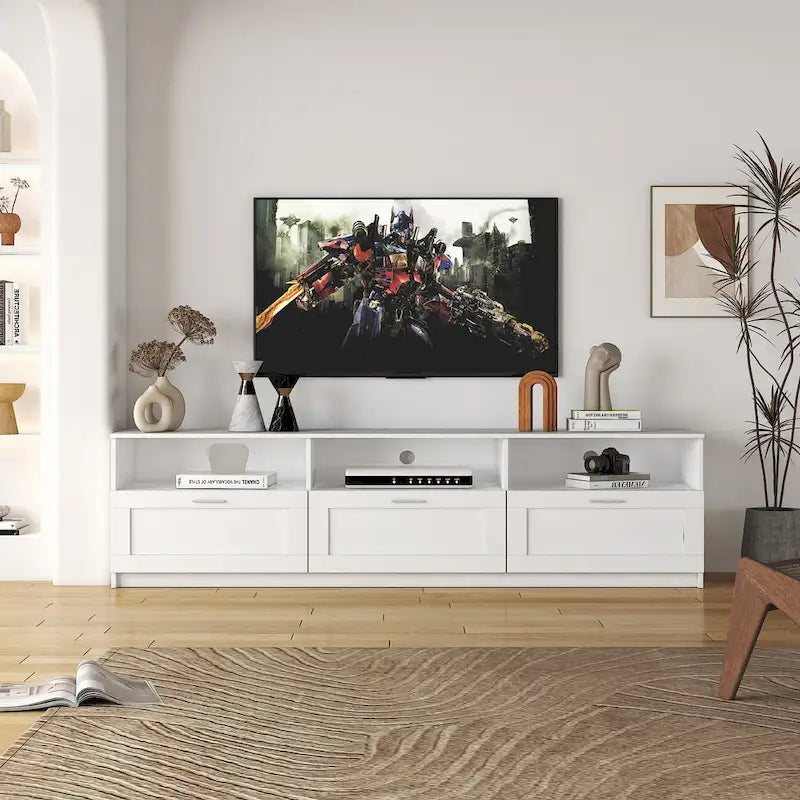Meuble TV blanc de 70 pouces avec rangements ouverts et tiroirs pour le salon
