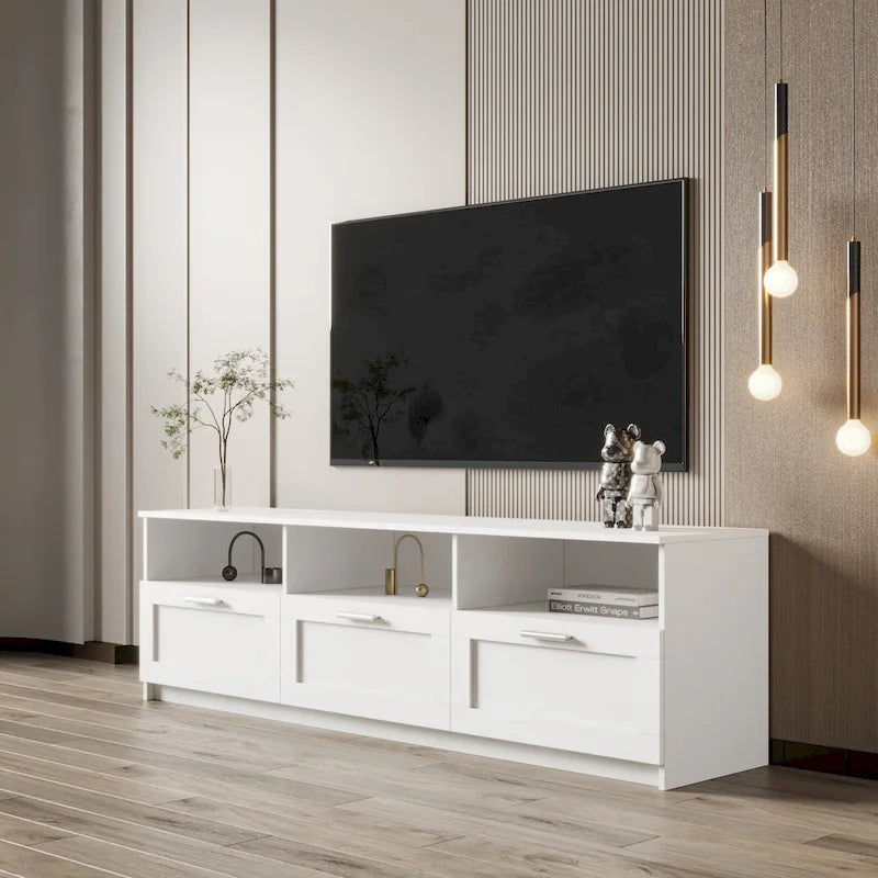 Meuble TV blanc de 70 pouces avec rangements ouverts et tiroirs pour le salon