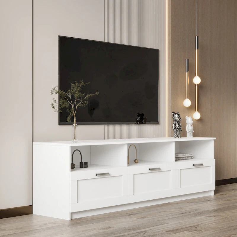 Meuble TV blanc de 70 pouces avec rangements ouverts et tiroirs pour le salon