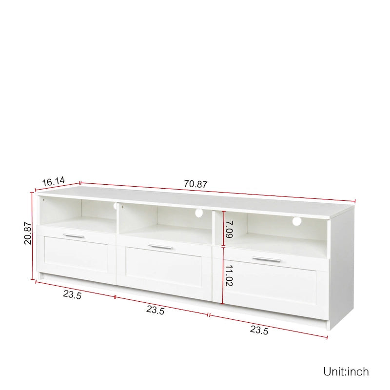 Meuble TV blanc de 70 pouces avec rangements ouverts et tiroirs pour le salon