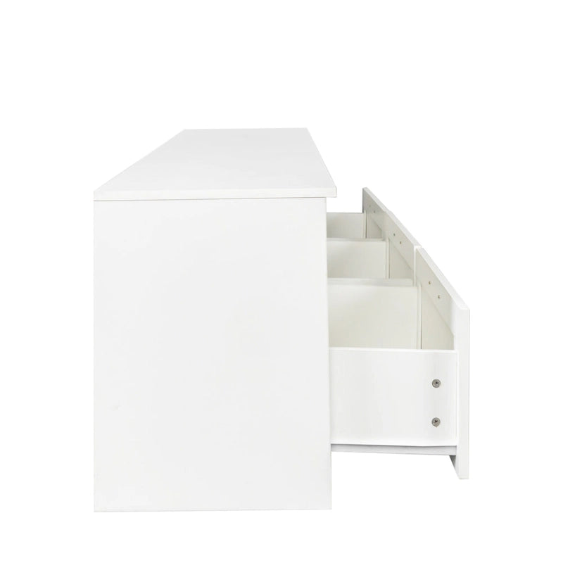Meuble TV blanc de 70 pouces avec rangements ouverts et tiroirs pour le salon