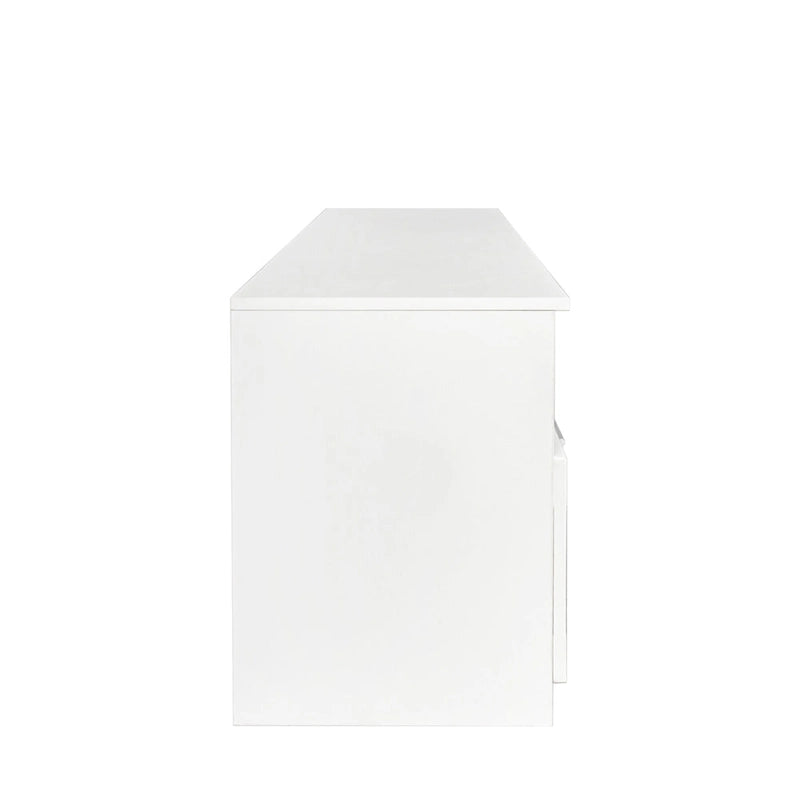 Meuble TV blanc de 70 pouces avec rangements ouverts et tiroirs pour le salon