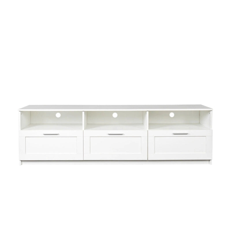 Meuble TV blanc de 70 pouces avec rangements ouverts et tiroirs pour le salon