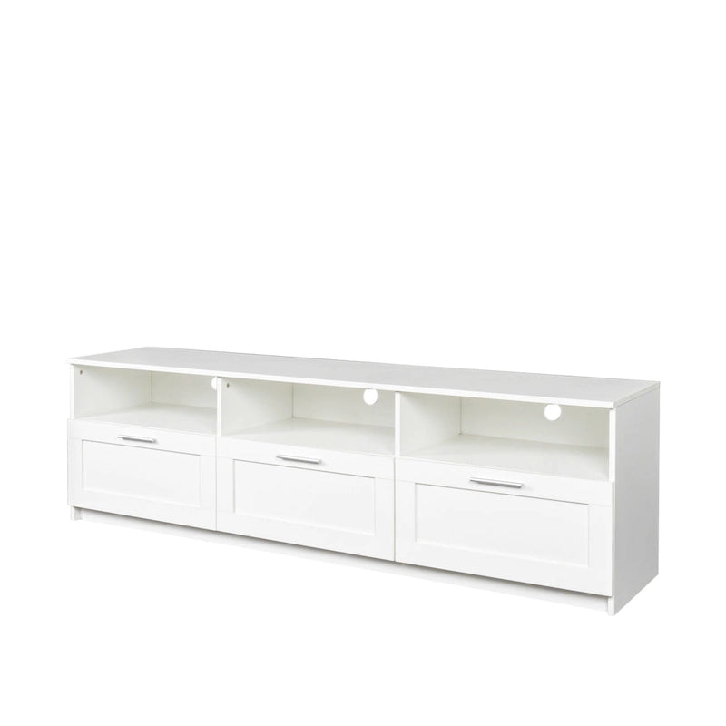 Meuble TV blanc de 70 pouces avec rangements ouverts et tiroirs pour le salon