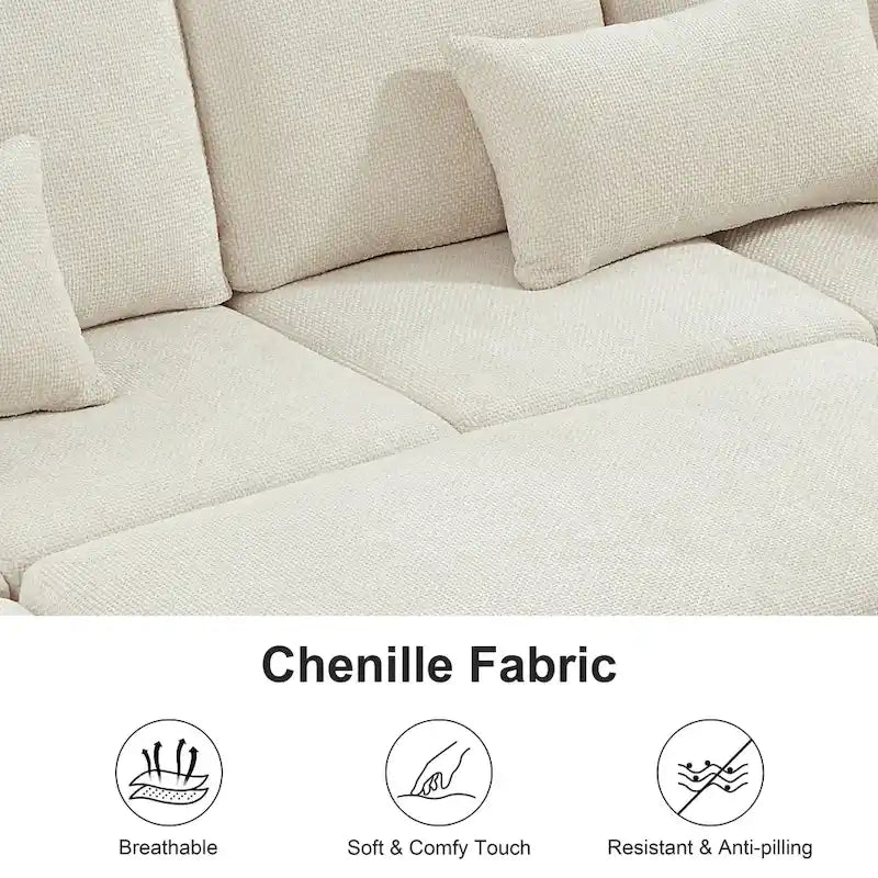Canapé d’angle en chenille 97 avec pouf de rangement, 7 places et 2 coussins - Canapé-lit convertible