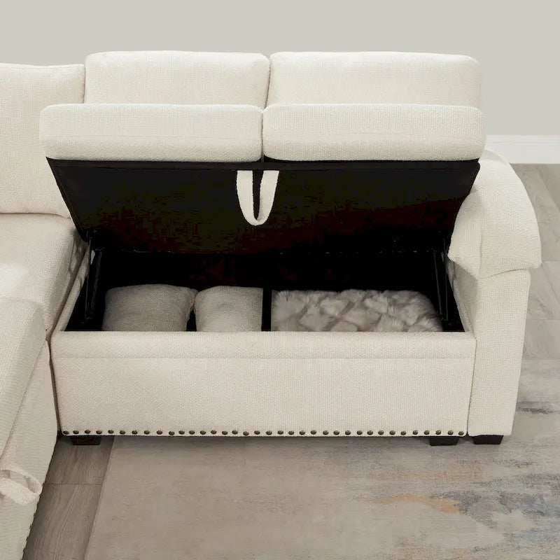 97 Chenille L-förmiges Ecksofa mit Stauraumhocker, 7 Sitzplätze und 2 Kissen - Schlafsofa mit Schlaffunktion