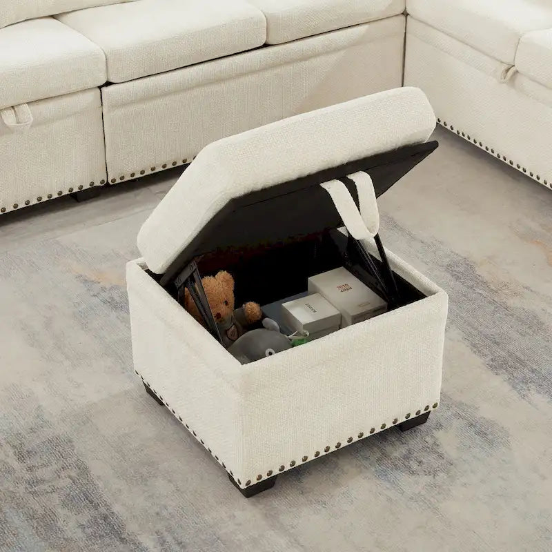 97 Chenille L-förmiges Ecksofa mit Stauraumhocker, 7 Sitzplätze und 2 Kissen - Schlafsofa mit Schlaffunktion