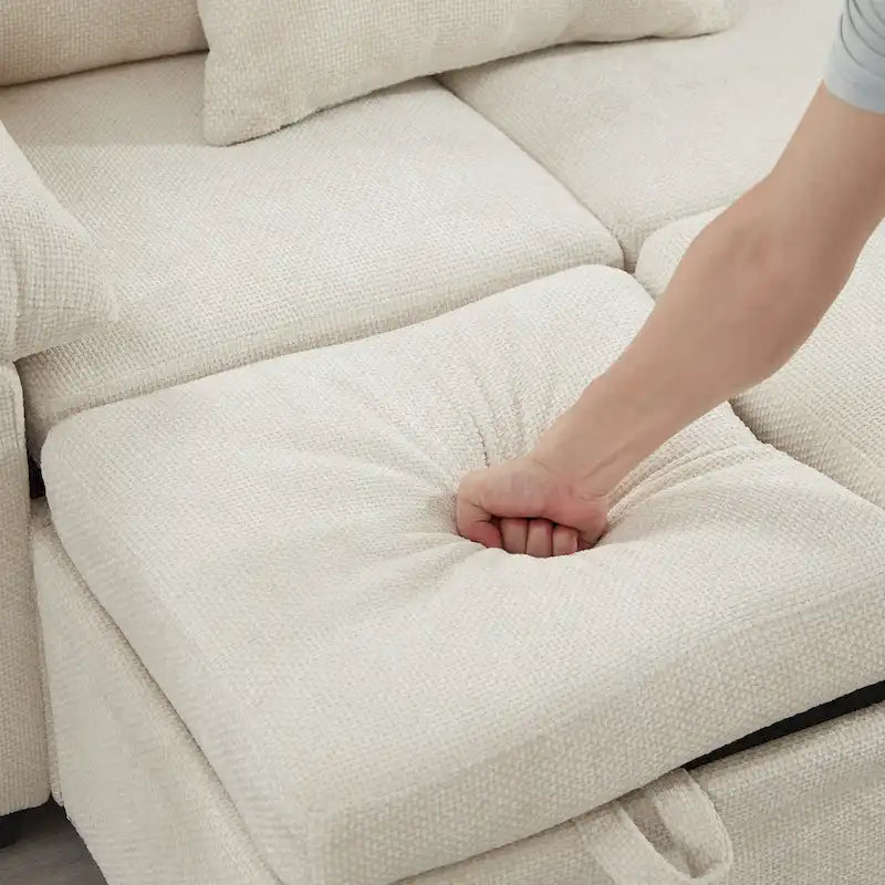Canapé d’angle en chenille 97 avec pouf de rangement, 7 places et 2 coussins - Canapé-lit convertible